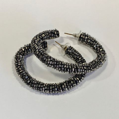 Zoda - Gwen Beaded Open Hoop Earrings, Charcoal Grey